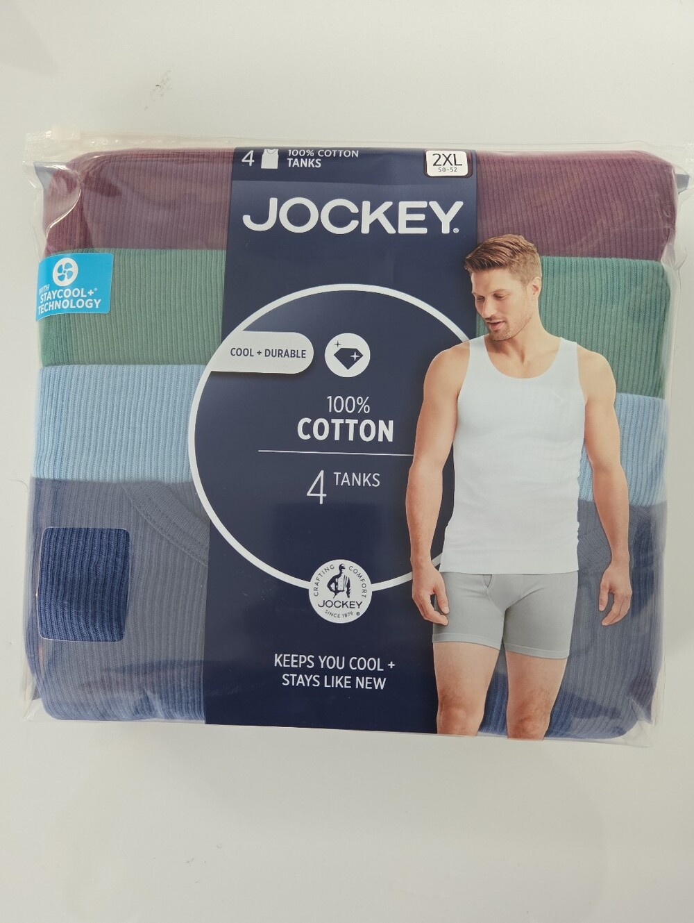 Jockey Mens Set Of 4 100% Cotton Rib Knit Tanks 2X Multi Colors
